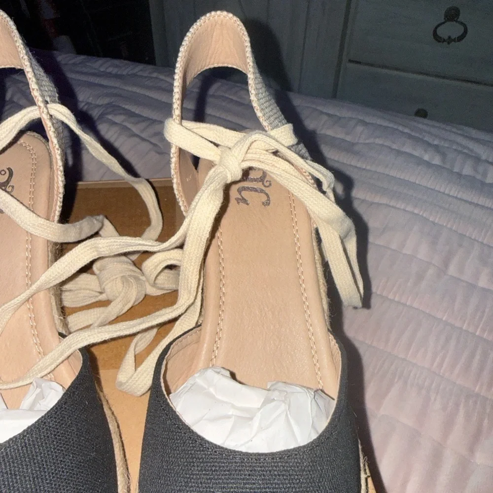 Montce Black and Cream Espadrille Wedge Sandals with Ankle Ties